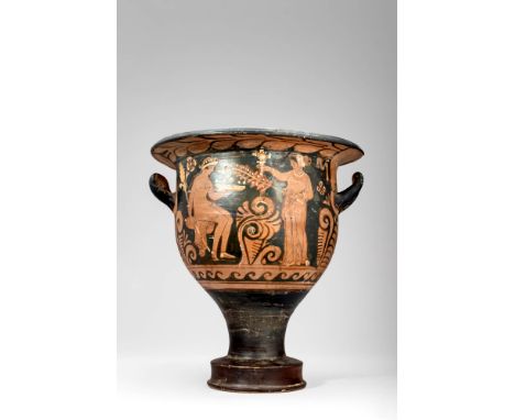 Ca. 350 BC.A bell krater, painted in the red-figure style, with white/yellow details on one side. The iconography of the piec