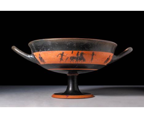 Ca. 550 - 500 BC.A beautiful kylix, with a lip more defined than the rest of the body, standing on a hollow conical pedestal 