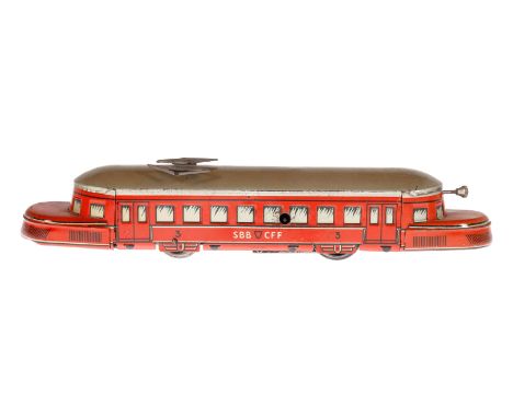 Bub schweizer Triebwagen, Spur 0, Uhrwerk intakt, rot, CL, mit Bremse, Pantograph besch., LS, Z 3