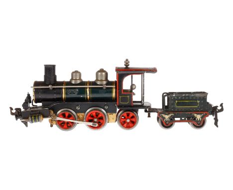 Märklin B-1 Dampflok D 1020, Spur 0, uralt, Uhrwerk intakt, grün/schwarz, mit Tender, Bremse und v+r, 2 imit. Stirnlampen ers