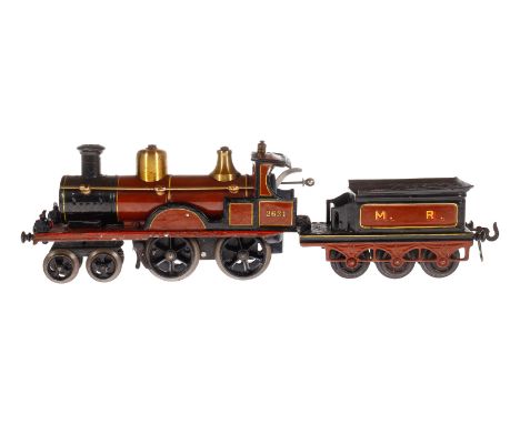 Bing engl. 2-B Dampflok 2631 MR, Spur 0, uralt, Uhrwerk intakt, HL, mit Tender, 2 imit. Stirnlampen, Bremse und v+r, Führerha