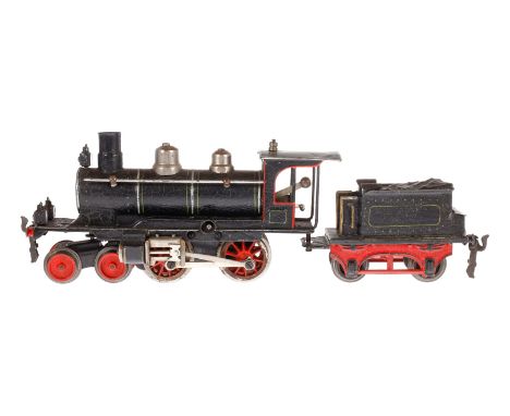 Märklin 2-B Dampflok E 1020, Spur 0, uralt, Uhrwerk intakt, schwarz, mit Tender, 3 imit. Stirnlapen, Bremse und v+r, LS tw au