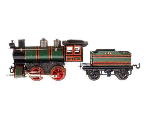 Bing B-Dampflok 210, Spur 0, Uhrwerk intakt, mit Tender, 1 imit. Stirnlampe, Bremse und v+r, ÜL, Z 4