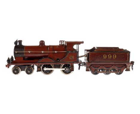 Märklin engl. 2-B Dampflok ”999” E 1020 MR, Spur 0, braun/schwarz, mit Tender, 3 imit. Stirnlampen, Bremse und v+r, LS tw aus