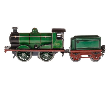 Märklin engl. B-Dampflok 990, Spur 0, Uhrwerk intakt, grün/schwarz, mit Tender, Bremse und v+r, 1 Puffer fehlt, versch. Ausbe