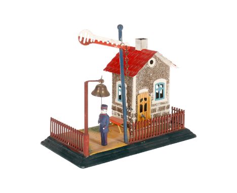 Märklin Wärterhaus 2144 R, uralt, HL, mit Hauptsignal, Replik-Figur und Glocke, LS und gealterter Lack, L 18, Z 2