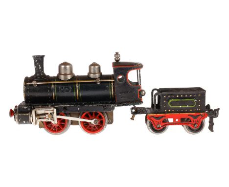 Märklin B-Dampflok R 1020, Spur 0, uralt, Uhrwerk intakt, grün/schwarz, mit Tender, Bremse und v+r, Führerhausdach tw verboge