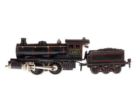 Märklin B-Dampflok R 4020, Spur 0, spiritusbetrieben, mit Tender und Brenner, Stirnlampen fehlen, Führerhausdach rest., tw na
