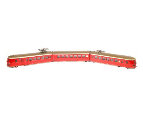 Märklin schweizer Triebwagen TW 66/12940 R, Spur 0, elektr., HL, 3-teilig, neu verkabelt, 1 fremder Pantograph, 1 Drehturm oh
