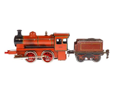 Märklin B-Dampflok ”1924”, Spur 0, spiritusbetrieben, braun/schwarz, mit Tender R 959 und Brenner, Lok ÜL und tw ergänzt, Z 4