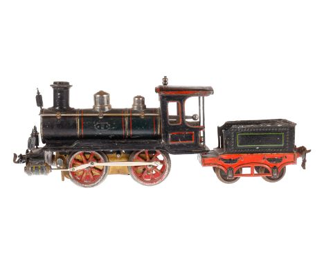 Märklin B-Dampflok 1021, Spur 1, uralt, Uhrwerk intakt, grün/schwarz, mit Tender, 3 imit. Stirnlampen (ersetzt), Bremse, v+r,