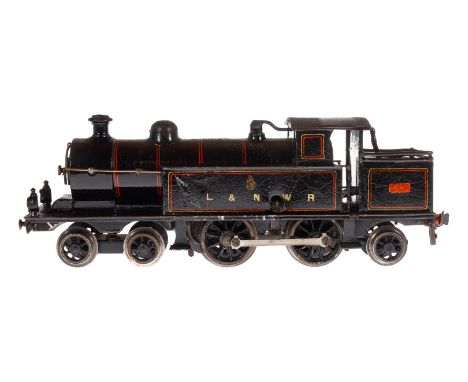 Bing engl. 2-B-1 Tenderlok 44 LNWR, Spur 0, Uhrwerk intakt, schwarz, mit 2 imit. Stirnlampen, Bremse und v+r, tw nachlackiert