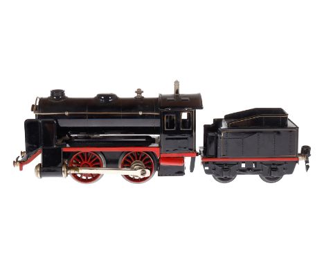 Märklin B-Dampflok R 4910, Spur 0, spiritusbetrieben, schwarz, mit Tender, Brenner und kW, farbl. rest. und tw ergänzt, Z 3
