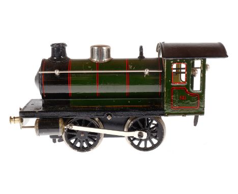 Märklin B-Dampflok 981, Spur 1, Uhrwerk intakt, grün/schwarz, mit Bremse und v+r, ohne Tender, Schwarzbereiche meist ÜL, LS t