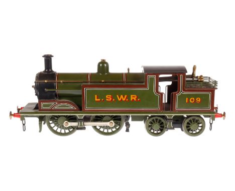 Engl. B-2 Tenderlok 109 LSWR, Spur 1, Uhrwerk intakt, HL, mit Bremse, v+r, langsam und schnell, Rückseite leicht verdellt, LS