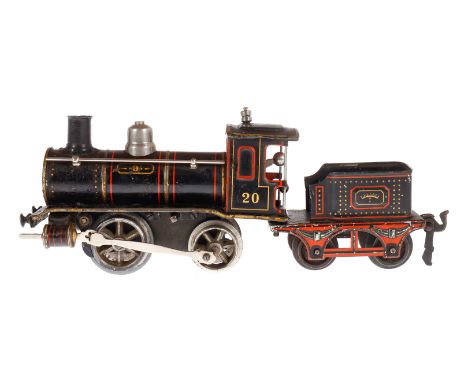 Märklin B-Dampflok 1020, Spur 0, uralt, Uhrwerk intakt, schwarz, mit Tender, Bremse und v+r, Schlot nachlackiert, LS tw ausge