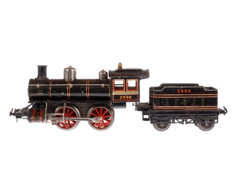 Bing B-Dampflok 2990, Spur 1, uralt, Uhrwerk intakt, schwarz, mit Tender, Bremse und v+r, Stirnlampen fehlen, LS tw ausgeb., 