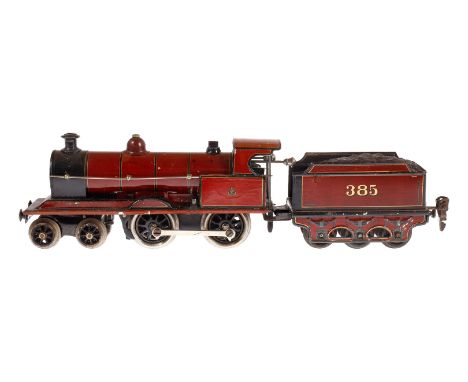 Märklin engl. 2-B Dampflok ”385” E 1030 MR, Spur 0, Uhrwerk intakt, rotbraun/schwarz, mit Tender, Bremse und v+r, LS und geal