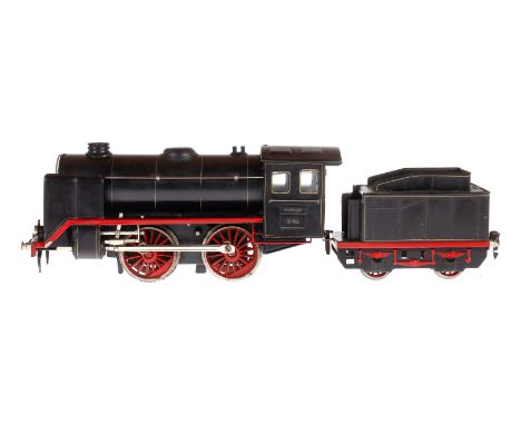 Märklin B-Dampflok R 921, Spur 1, Uhrwerk intakt, schwarz, mit Tender, kW und 2 imit. Stirnlampen, 1 Schaltknauf fehlt, LS un