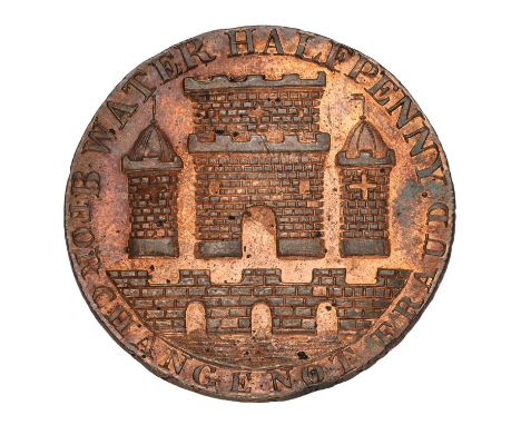 Somerset, Bridgewater Halfpenny 1794, I. Holloway and Son, obv. post office front view, rev. castle and bridge over river (DH