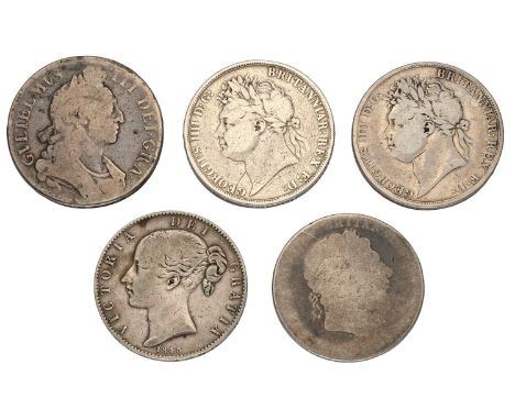 5x UK Silver Crowns, to include; William III, 1696 OCTAVO, first bust, first harp (S.3470) fair; George III, date unclear (S.