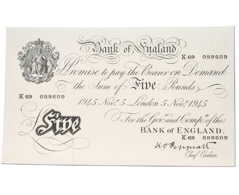 Bank of England, Five Pounds, London November 5th 1945, signed Peppiatt, serial no. K/69 088609 (EPM B255) about uncirculated