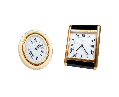 European 20th Century [a] Cartier Paris A quartz gilt metal and black lacquer desk clock Numbered 7505 01 887&nbsp; [b] Carti