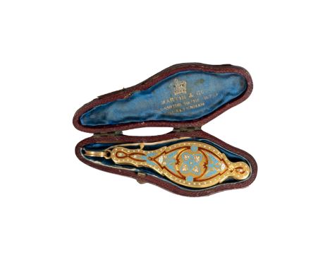 English, Circa 1880 [a]A pair of yellow gold and champleve enamel lorgnettes In original leather case Martin + Co. Goldsmiths