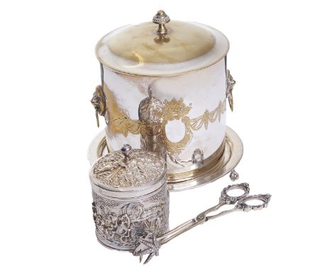 20th Century A collection of silver items To include: [a] A silver plated ice bucket with decorative engraved floral swag mot
