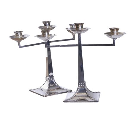 Art Deco A pair of silver three light candlesticks James Deakin and Sons hallmarkings&nbsp;&nbsp; Dimensions: 8.5 in. (H) x 1
