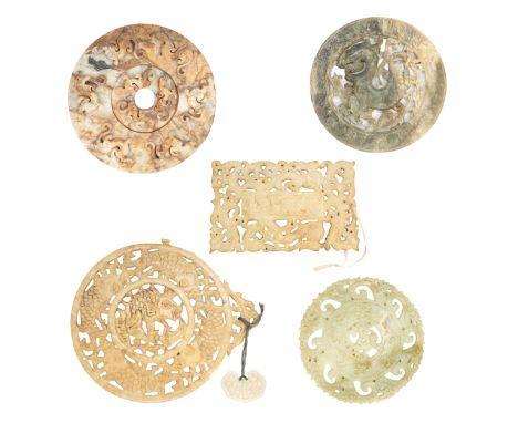 Chinese 20th Century A group of jade and nephrite pi discs Comprising of 5 discs, including a mottled brown and black jade pi