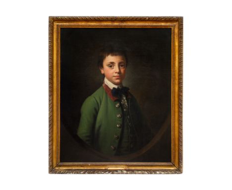 Attributed to Sir Nathaniel Dance-Holland (1735 - 1811) Portrait of a boy in green coat in a feigned oval Carved in gilded fr