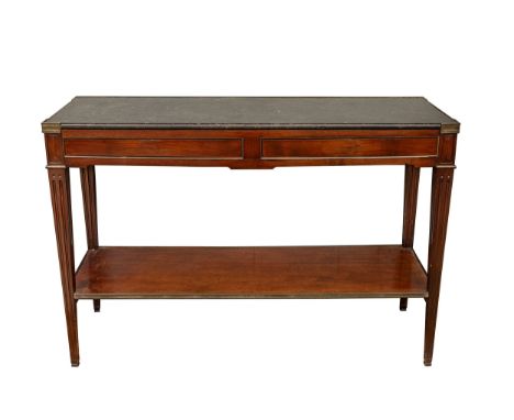 Late 18th Century, English A mahogany and brass bound servery table, with original marble top With four tapered legs and a lo