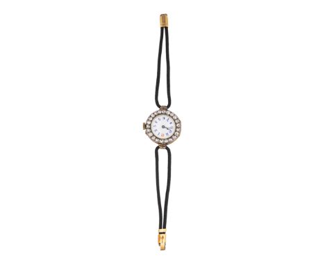Edwardian A rose-cut diamond and gold lady's wristwatch The circular white enamelled dial with blue enamel numerals within a 