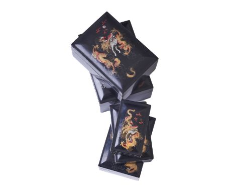 Early 20th Century Chinese A nest of 5 lacquer dragon trinket boxes&nbsp; Dimensions: (Largest) 2.5 in. (H) x 5.5 in. (W) x 4
