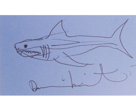 Damien Hirst - English Artist - incredibly rare hand drawn ' Shark ' sketch. Drawn in black marker on blue paper, the large s