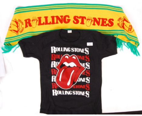 An original vintage 1980's The Rolling Stones ' Live In Europe ' concert scarf - in yellow and green, with red text and logo.
