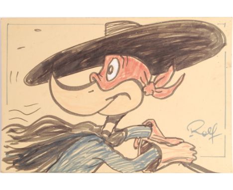 Rolf Harris - Australian Entertainer and Painter - original marker pen sketch / picture of Daffy Duck. Drawn in various colou