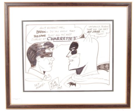 An incredibly rare and unique original sketch by Batman co-creator Bob Kane. The sketch, depicting Batman and Robin, has Robi