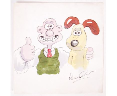 A rare original hand drawn and painted watercolour painting of Wallace &amp; Gromit by creator Nick Park. The watercolour and