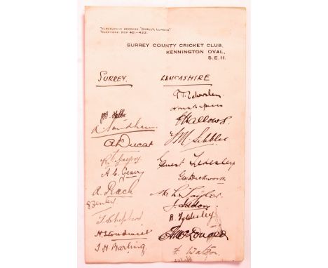 A rare early 1920's Cricket related autograph sheet - signed by the Surrey and Lancashire teams. Autographed on Surrey County