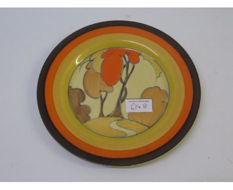 Clarice Cliff Bizarre Orange Autumn pattern circular plate, 23cm diameterSome crazing, condition as shown in photos
