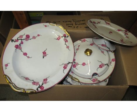 Bernardaud Limoges, extensive porcelain dinner service of pink blossom design, including thirty six dinner plates, approximat