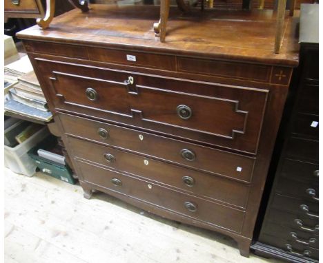 George III mahogany and line inlaid secretaire chest, the crossbanded top above a decorative frieze, fitted secretaire drawer