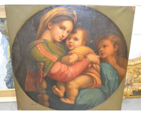 (After Raphael) 19th Century oil on canvas, ' The Madonna Della Seggiola ', housed in a large ornate C-scroll, maskhead and s