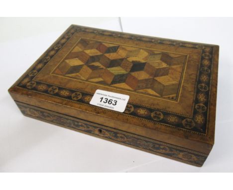 19th Century rectangular Tunbridge ware box, labelled ' T. Barton, Tunbridge Wells ', 23 x 16 x 5cm high