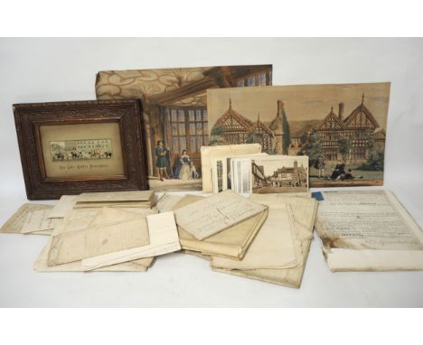 Box of over one hundred items of ephemera, including conveyances, indentures, 18th Century paper manuscripts, postcards, two 
