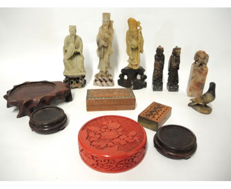 Seven various small Chinese soapstone carvings, the tallest 18cm, together with various other oriental items including a red 