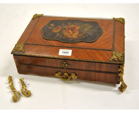 19th Century French Kingwood and ormolu casket with a hinged cover above a single drawer enclosing gaming pieces (for restora