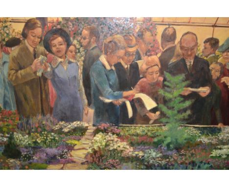 Alison Dickens, 20th Century oil on board, judging at the Chelsea Flower Show, signed 60 x 90cm, gilt framed